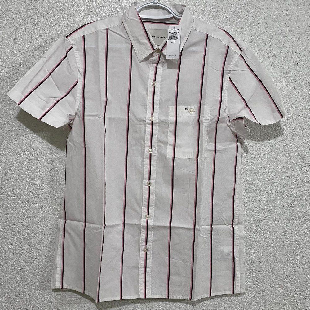 White Medium American Eagle Poplin Short Sleeve Button-Up Shirt